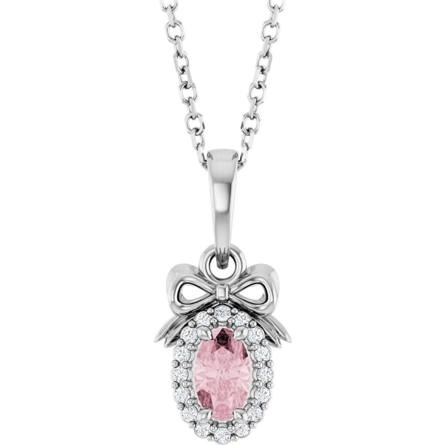 Platinum Oval Natural Pink Morganite & Natural Diamond Accented Bow Necklace or Pendant