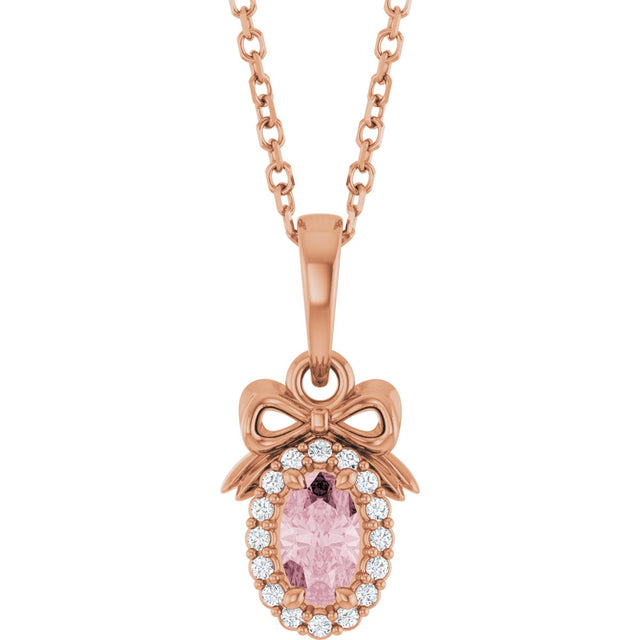 14K Gold Oval Natural Pink Morganite & Natural Diamond Accented Bow Necklace or Pendant - Rose Gold