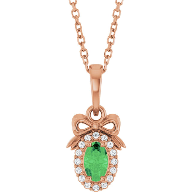14K Gold Oval Natural Tsavorite Garnet & Natural Diamond Accented Bow Necklace or Pendant - Rose Gold