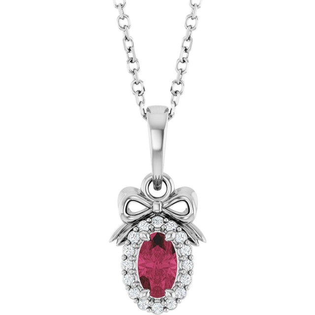 Platinum Oval Natural Rhodolite Garnet & Natural Diamond Accented Bow Necklace or Pendant