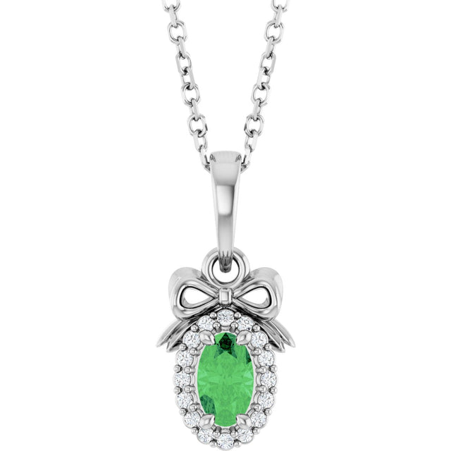 14K Gold Oval Natural Tsavorite Garnet & Natural Diamond Accented Bow Necklace or Pendant - White Gold