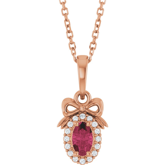 14K Gold Oval Natural Rhodolite Garnet & Natural Diamond Accented Bow Necklace or Pendant - Rose Gold