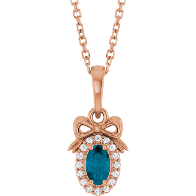14K Gold Oval Natural London Blue Topaz & Natural Diamond Accented Bow Necklace or Pendant - Rose Gold