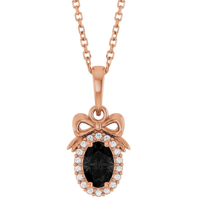 14K Gold Oval Natural Black Onyx & Natural Diamond Accented Bow Necklace or Pendant - Rose Gold