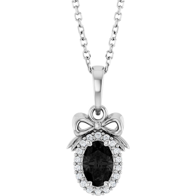 Platinum Oval Natural Black Onyx & Natural Diamond Accented Bow Necklace or Pendant