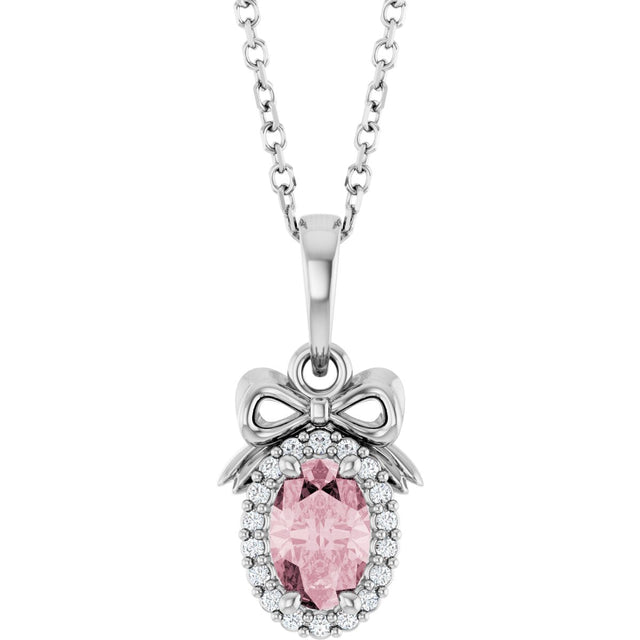 14K Gold Oval Natural Pink Morganite & Natural Diamond Accented Bow Necklace or Pendant - White Gold