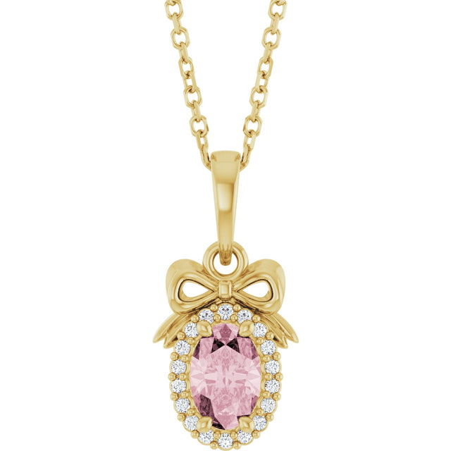 14K Gold Oval Natural Pink Morganite & Natural Diamond Accented Bow Necklace or Pendant - Yellow Gold