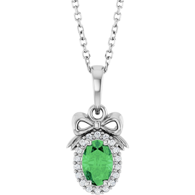 Platinum Oval Natural Tsavorite Garnet & Natural Diamond Accented Bow Necklace or Pendant