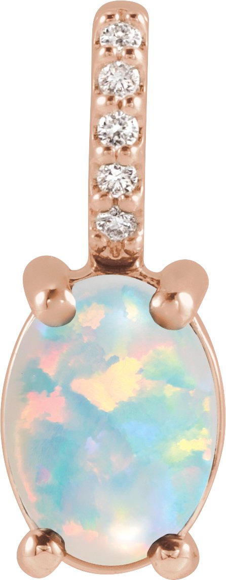 14K Gold Oval Natural White Opal & Natural Diamond Accented Cabochon Necklace or Pendant – 5-9mm Stones - Rose Gold
