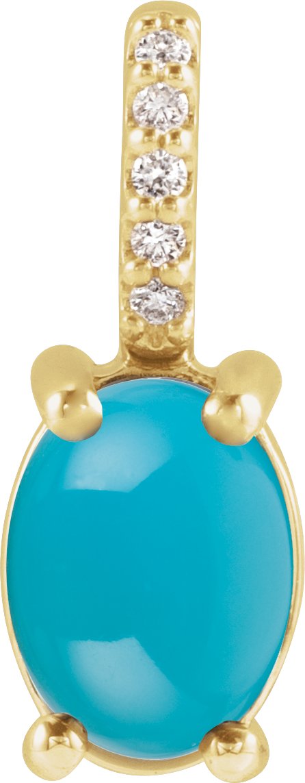 14K Gold Oval Natural Turquoise & Natural Diamond Accented Cabochon Necklace or Pendant - Yellow Gold