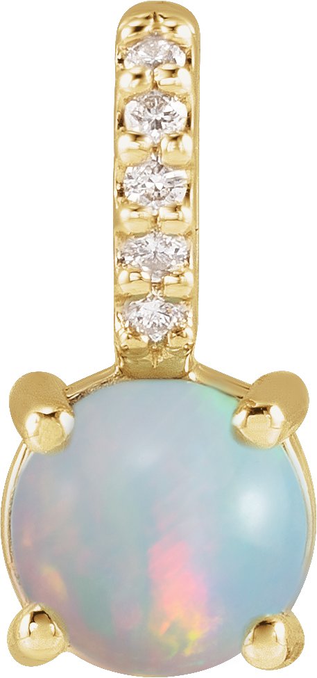 14K Gold Round Natural White Opal & Natural Diamond Accented Cabochon Pendant – 0.02 CTW - Yellow Gold