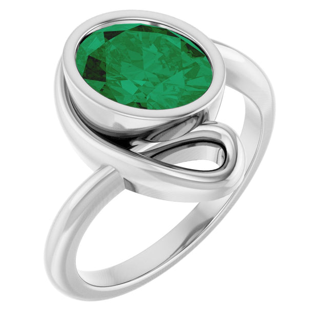 14K Gold Oval Lab-Grown Emerald Solitaire Ring - White Gold