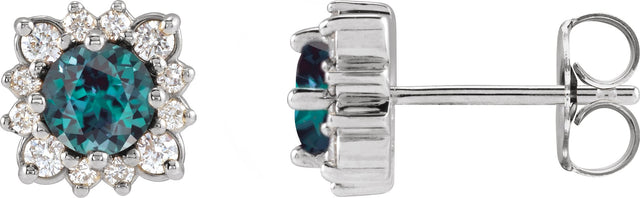 Platinum Lab-Grown Alexandrite & Natural Diamond Round Halo-Style Earrings