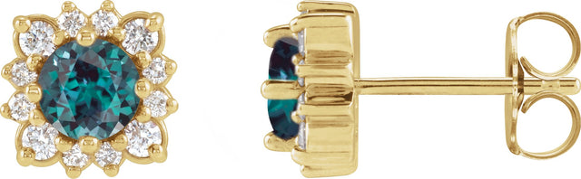 14K Gold Lab-Grown Alexandrite & Natural Diamond Round Halo-Style Earrings - Yellow Gold