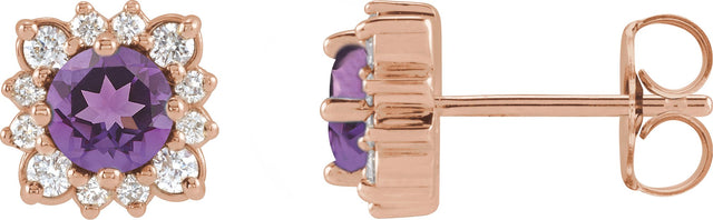 14K Gold Natural Amethyst & Natural Diamond Round Halo-Style Earrings - Rose Gold