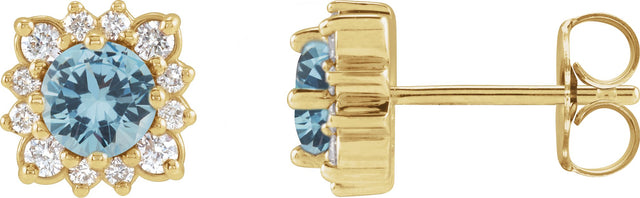 14K Gold Natural Aquamarine & Natural Diamond Round Halo-Style Earrings - Yellow Gold