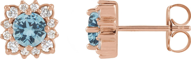 14K Gold Natural Aquamarine & Natural Diamond Round Halo-Style Earrings - Rose Gold