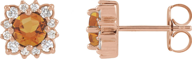 14K Gold Natural Citrine & Natural Diamond Round Halo-Style Earrings - Rose Gold