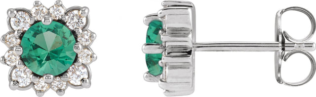 Platinum Lab-Grown Emerald & Natural Diamond Round Halo-Style Earrings