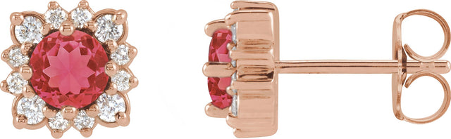 14K Gold Natural Ruby & Natural Diamond Round Halo-Style Earrings - Rose Gold