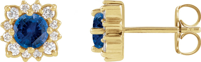 14K Gold Lab-Grown Blue Sapphire & Natural Diamond Round Halo-Style Earrings - Yellow Gold