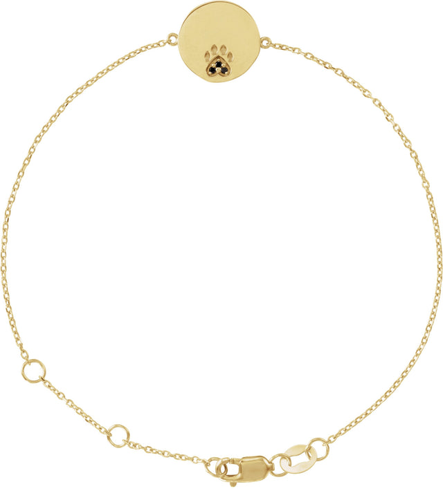 14K Gold Round Natural Black Spinel Engravable Paw Print Bracelet - Yellow Gold