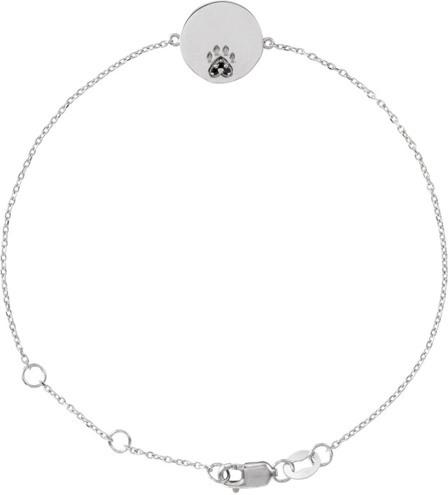 14K Gold Round Natural Black Spinel Engravable Paw Print Bracelet - White Gold