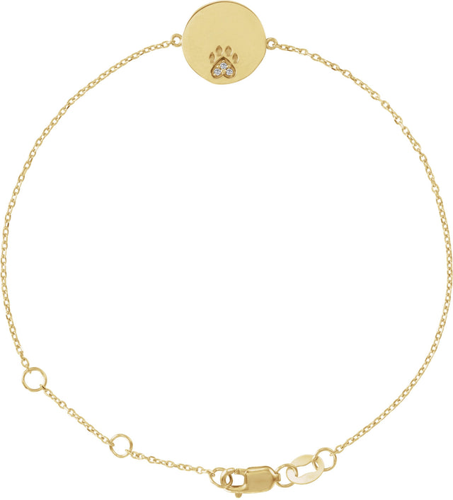 14K Gold Round Natural White Sapphire Engravable Paw Print Bracelet - Yellow Gold