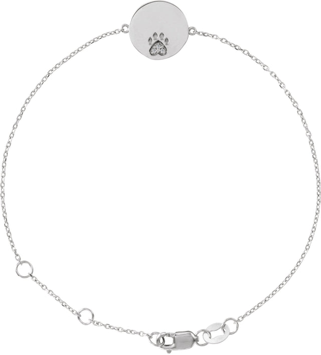 14K Gold Round Natural White Sapphire Engravable Paw Print Bracelet - White Gold