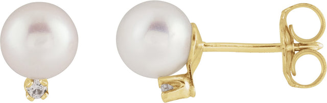 14K Gold Cultured White Akoya Pearl & Natural Diamond Accented Pearl Earrings