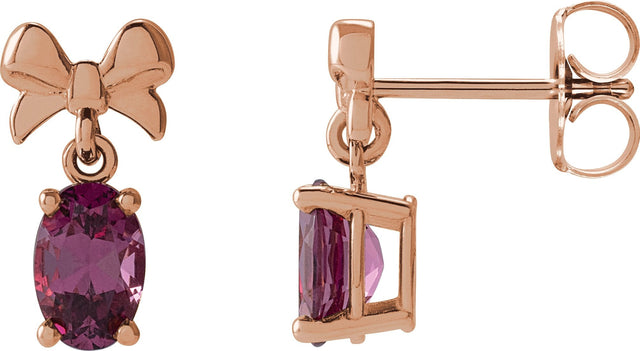 14K Gold Oval Natural Rhodolite Garnet Solitaire Bow Earrings - Rose Gold