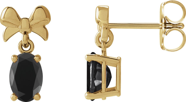 14K Gold Oval Natural Black Onyx Solitaire Bow Earrings - Yellow Gold