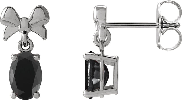 Platinum Oval Natural Black Onyx Solitaire Bow Earrings