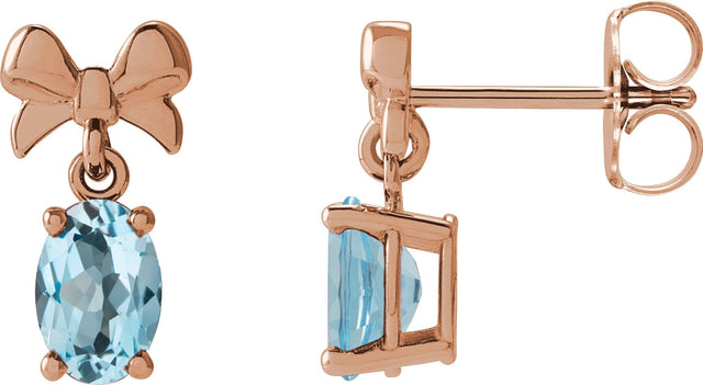 14K Gold Oval Natural Sky Blue Topaz Solitaire Bow Earrings - Rose Gold