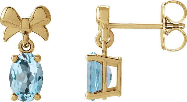 14K Gold Oval Natural Sky Blue Topaz Solitaire Bow Earrings - Yellow Gold