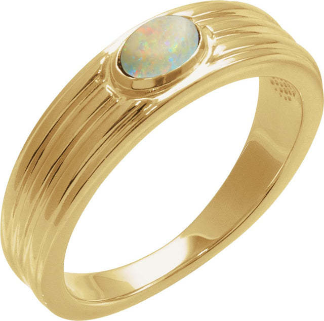 14K Gold Oval Natural White Opal Cabochon Ring – 5x3mm - Yellow Gold