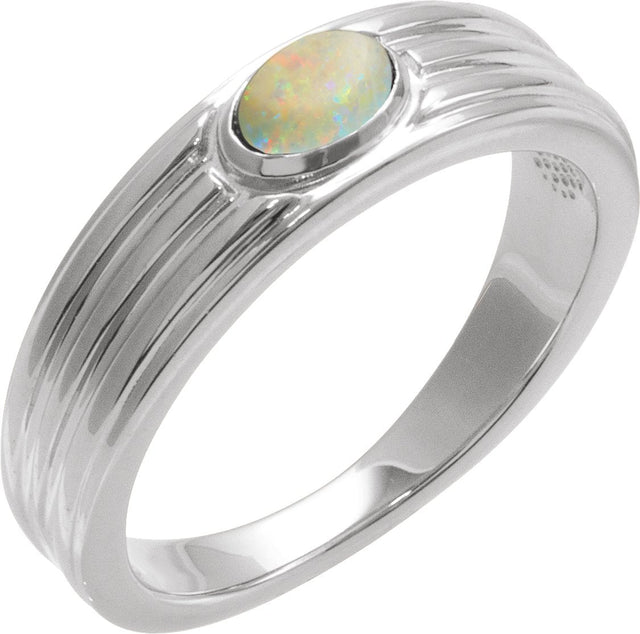 Platinum Oval Natural White Opal Cabochon Ring – 5x3mm