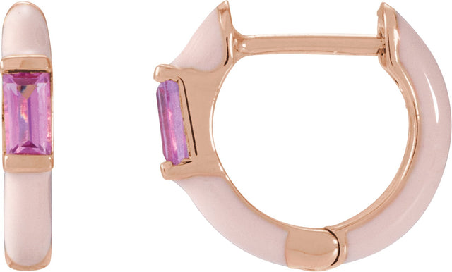 14K Gold Straight Baguette Natural Pink Tourmaline Hoop Earrings - Rose Gold