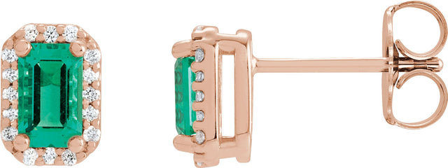 14K Gold Emerald Lab-Grown Emerald & Natural Diamond Halo-Style Earrings - Rose Gold