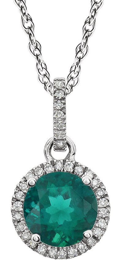14K Gold Round Lab-Grown Emerald & Natural Diamond Halo-Style Birthstone Necklace – 1/10 CTW