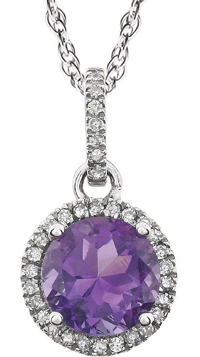 14K Gold Round Natural Amethyst & Natural Diamond Halo-Style Birthstone Necklace