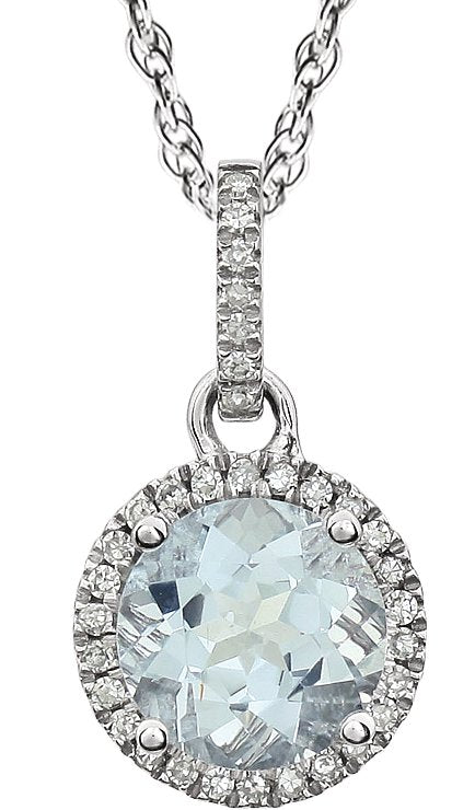 14K Gold Round Natural Aquamarine & Natural Diamond Halo-Style Birthstone Necklace