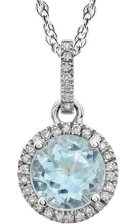 14K Gold Round Natural Sky Blue Topaz & Natural Diamond Halo-Style Birthstone Necklace – 1/10 CTW