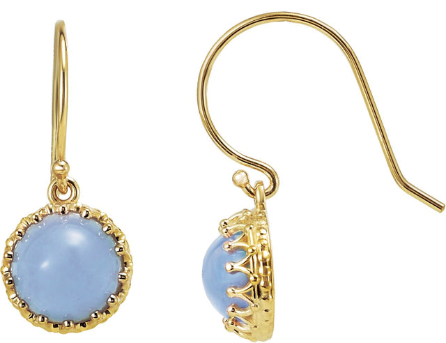 14K Gold Round Natural Blue Chalcedony Cabochon Crown Earrings