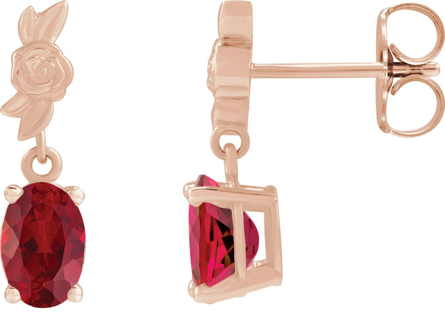 14K Gold Oval Lab-Grown Red Ruby Floral Earrings - Rose Gold