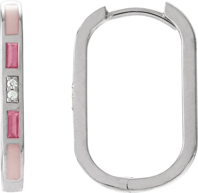 14K Gold Straight Baguette Natural Pink Tourmaline & Natural Diamond Accented Elongated Hoop Earrings - White Gold