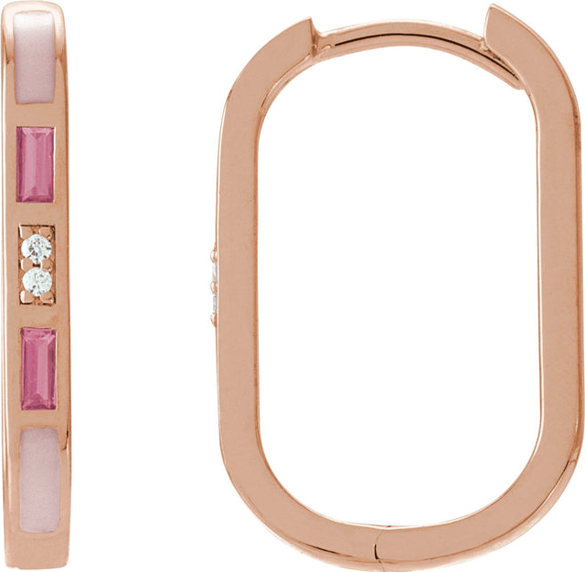 14K Gold Straight Baguette Natural Pink Tourmaline & Natural Diamond Accented Elongated Hoop Earrings - Rose Gold