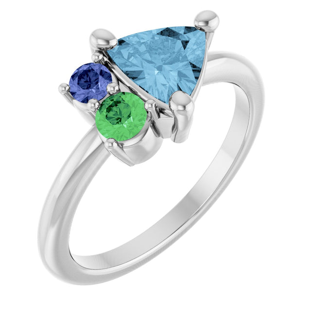 Platinum Trillion Natural Sky Blue Topaz & Natural Tsavorite Garnet & Natural Tanzanite Cluster Ring