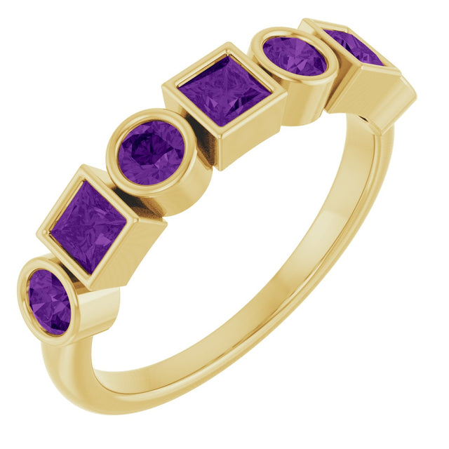 14K Gold Round Natural Amethyst Bezel-Set Ring – 3mm Stones - Yellow Gold