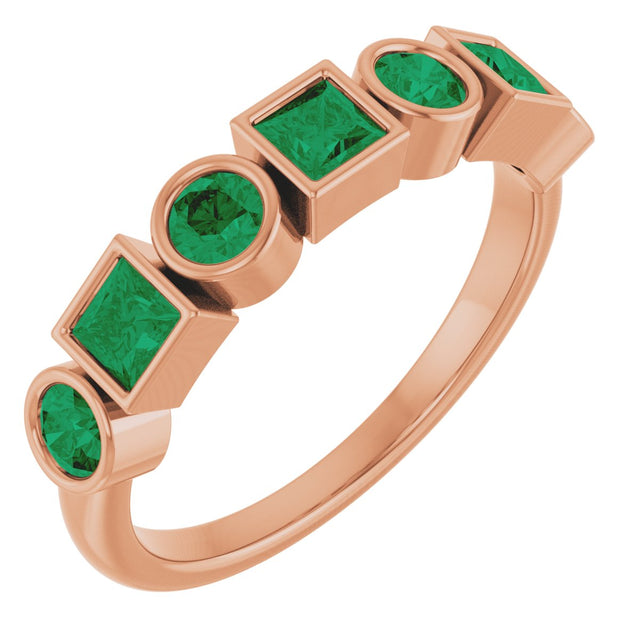 14K Gold Round Lab-Grown Emerald Bezel-Set Ring – 3mm Stones - Rose Gold